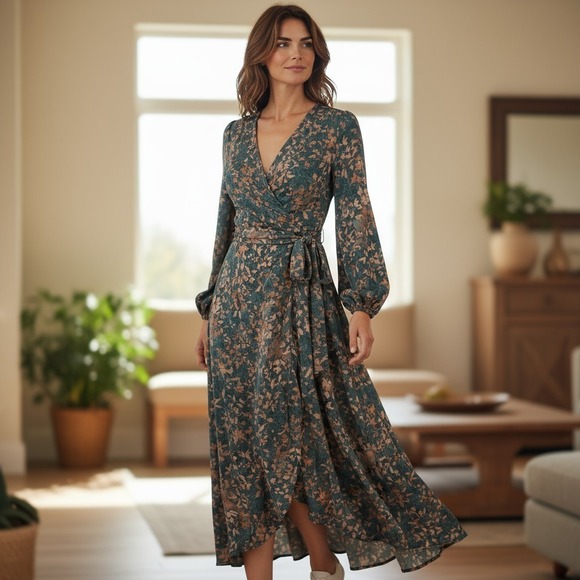 Onetheland Dresses & Skirts - NWT Green & Copper Wrap Midi Maxi Dress ‎ Medium Puff Sleeve Boho Hi Low Floral